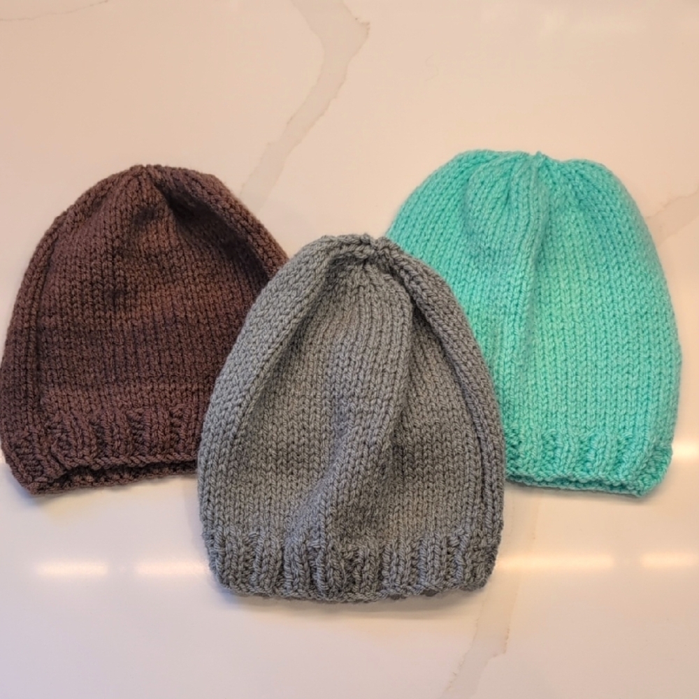Cozy Handmade Knit Kids Beanie Set - Brown, Gray, and Mint Green, Lot of 3 NWOT